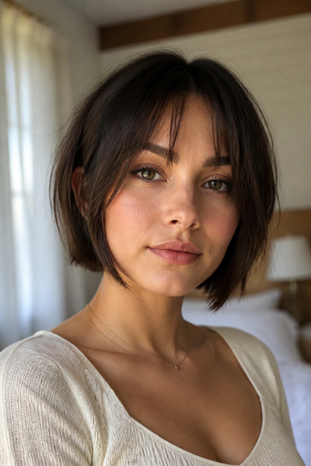 Close-up of a real woman with neck-length bob and bottleneck bangs, warm window light.