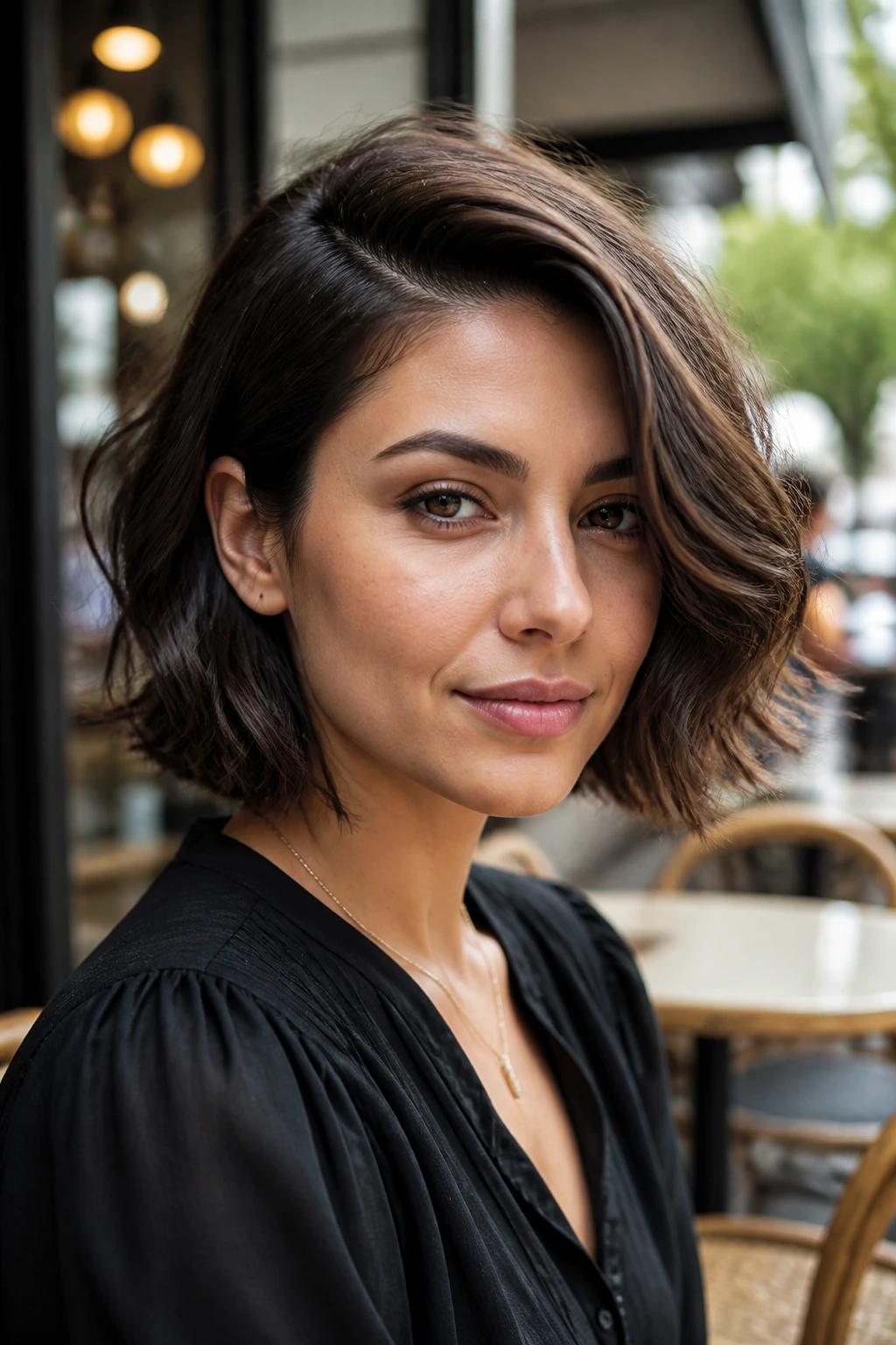 Close-up portrait of a real woman with a neck-length bob and deep side part