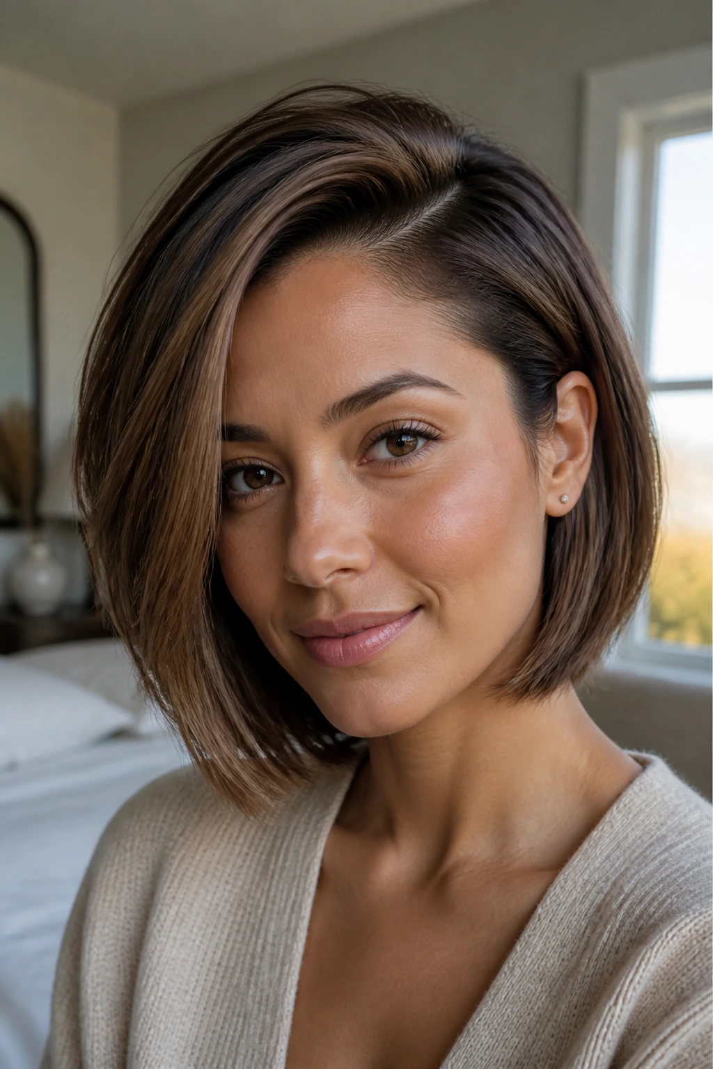 Close-up portrait of a real woman with a neck-length graduated bob and a deep side part in warm window light