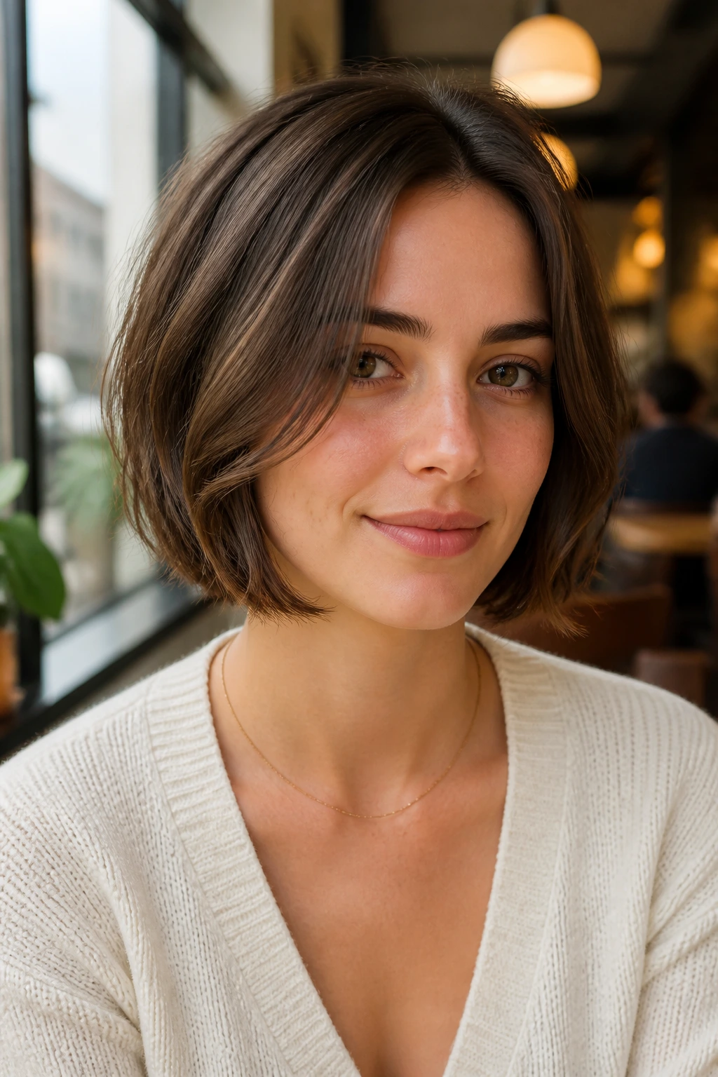 Close-up of a real woman with neck-length bob featuring a crisp back line and soft front layers in natural light.