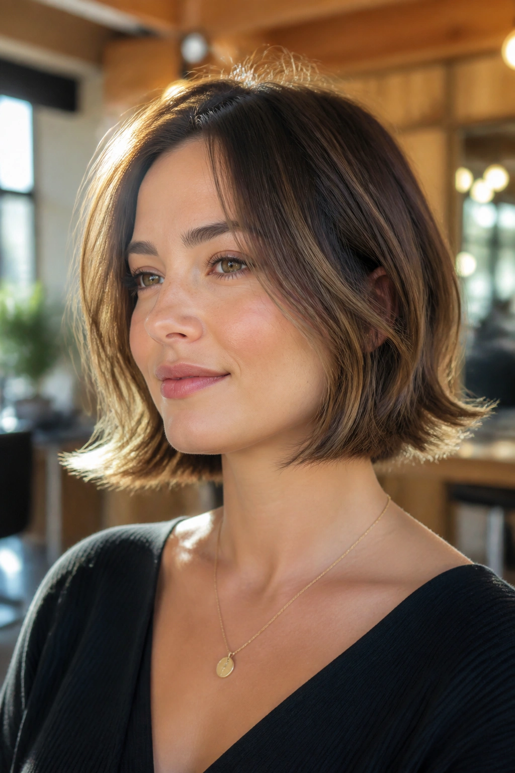 Close-up of a woman with Neck-Length Bob with Flicked-Out Ends