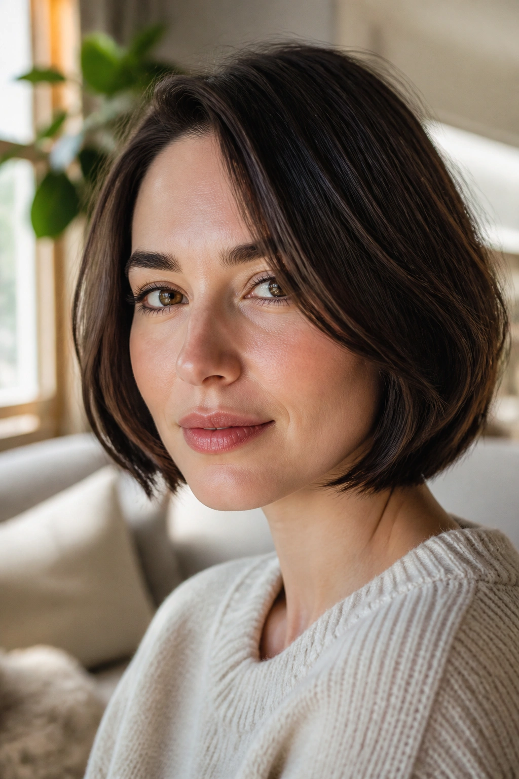Real woman with neck-length bob in soft daylight.