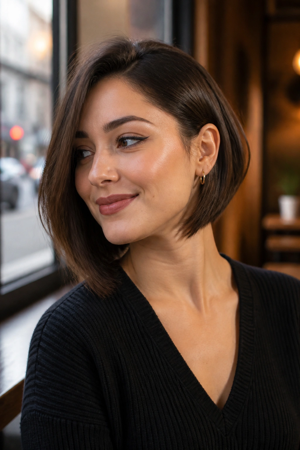 Close-up of real woman with neck-length bob tucked behind ear in cafe light