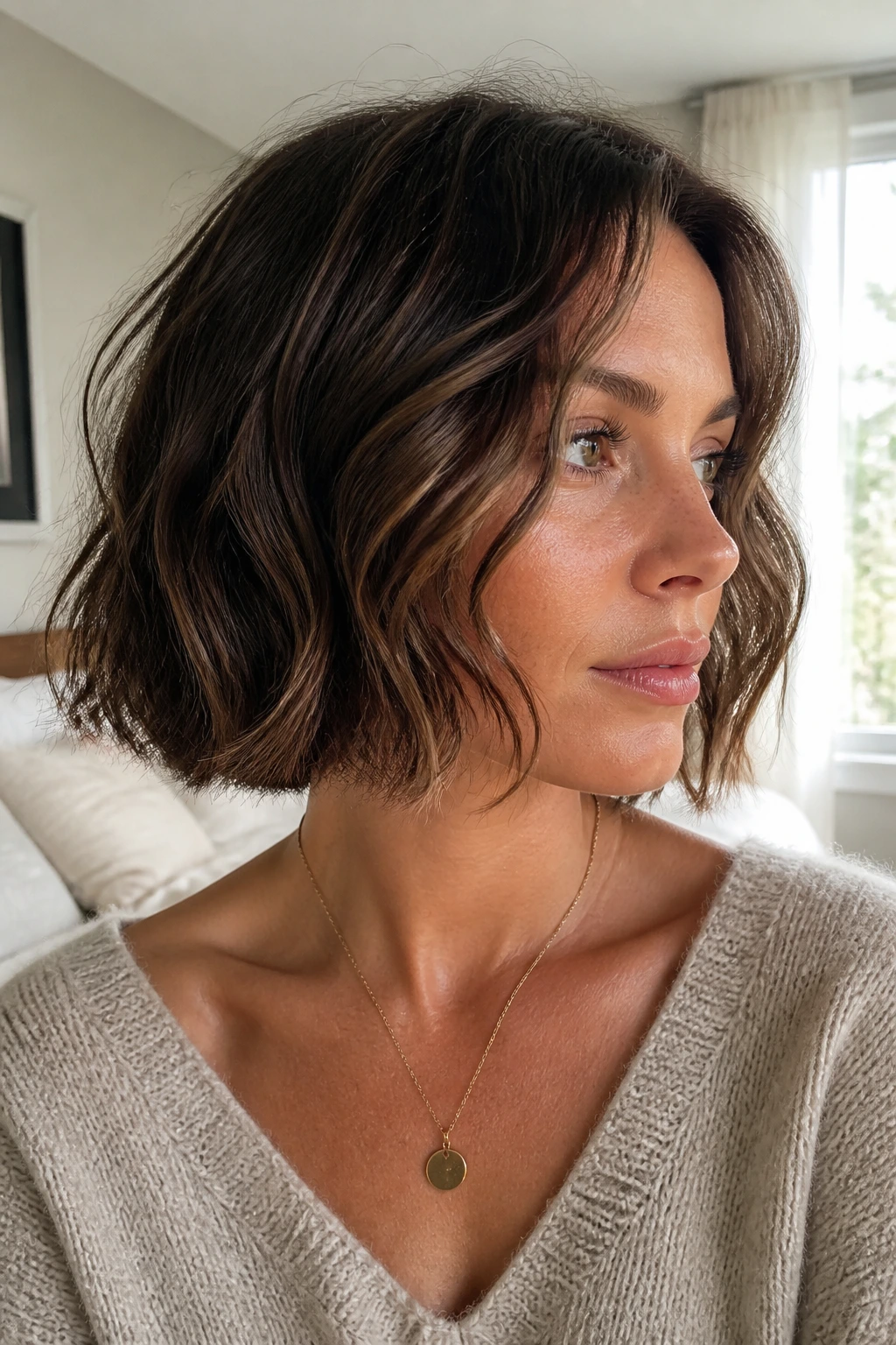 Close-up of real woman with blunt neck-length chop in soft daylight