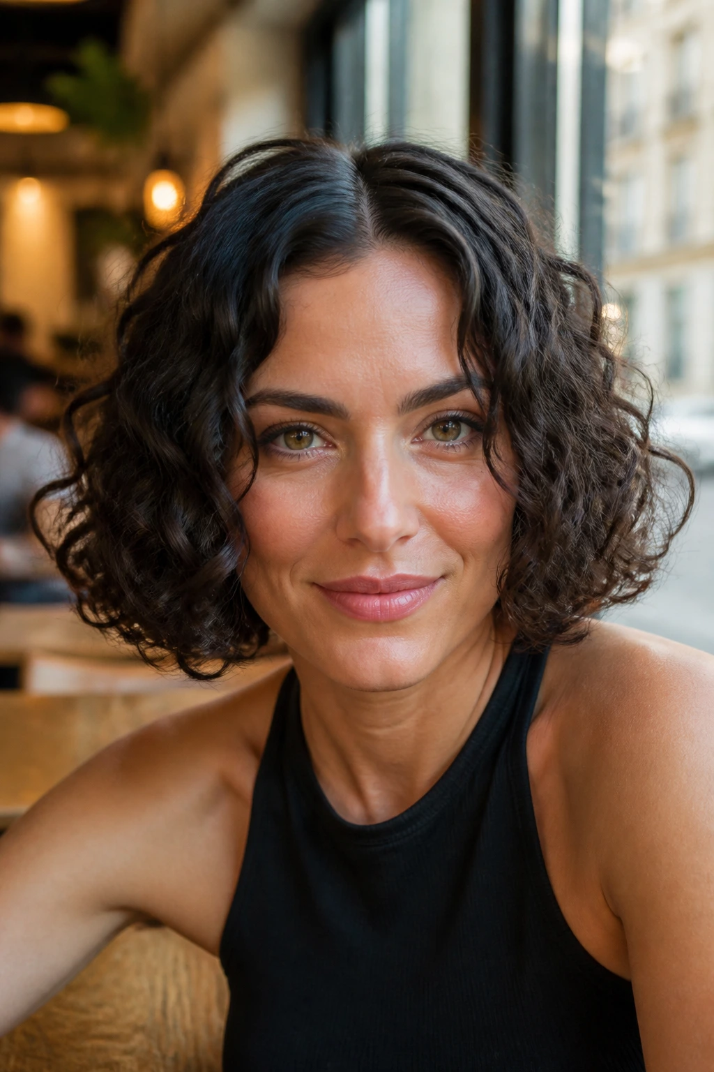 Portrait of real woman with neck-length curly bob and deep middle part in cafe daylight.