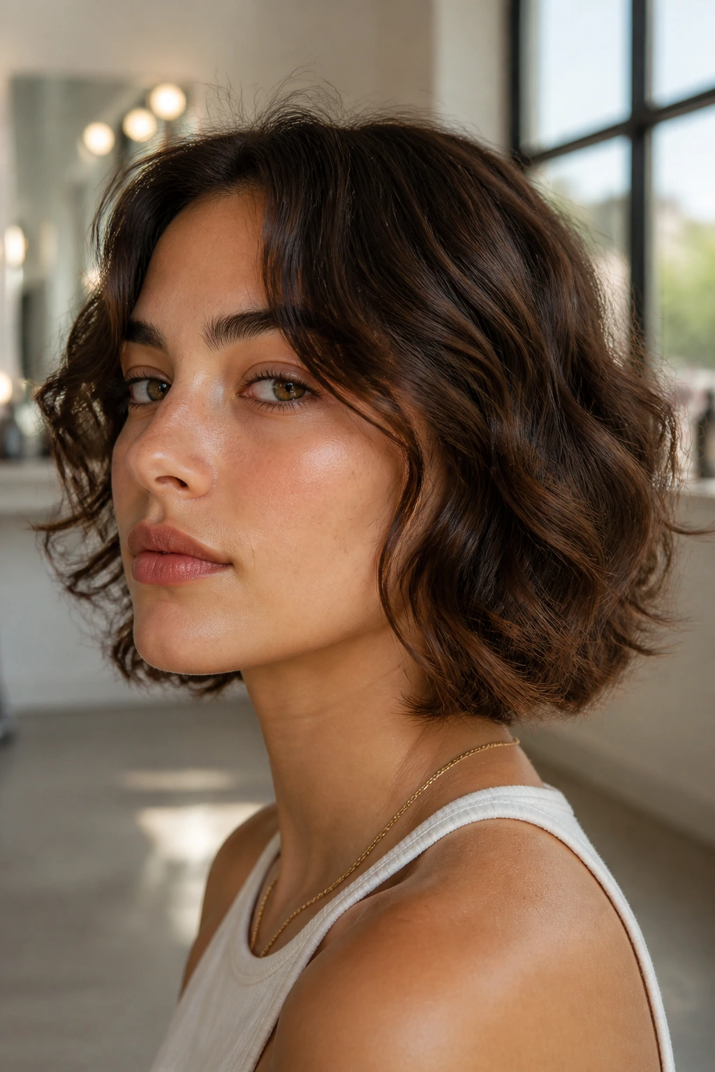 Close-up portrait of a real person with a neck-length wavy cut at the nape.