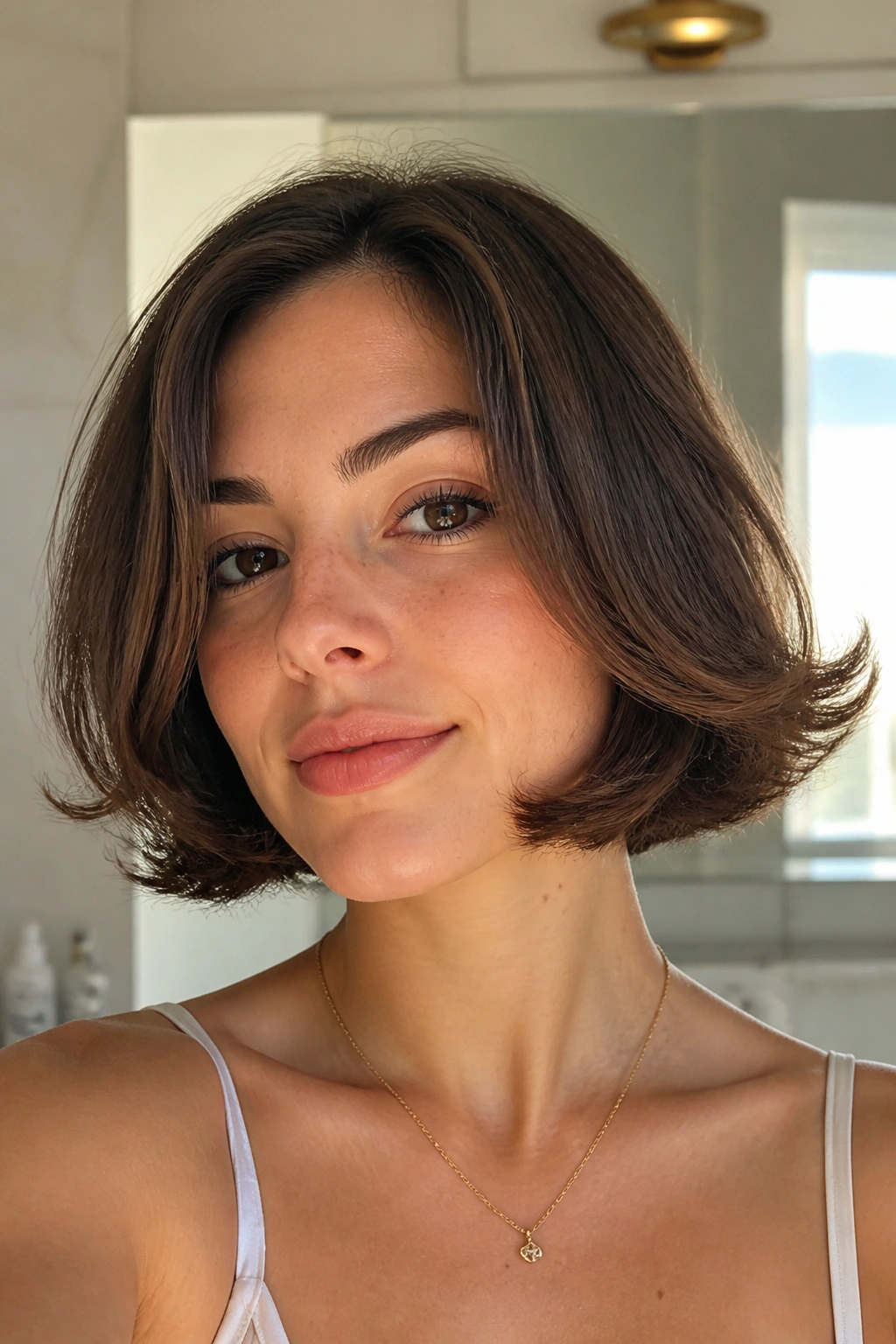 Portrait of a real person with a neck-length flip bob in a bright home setting.