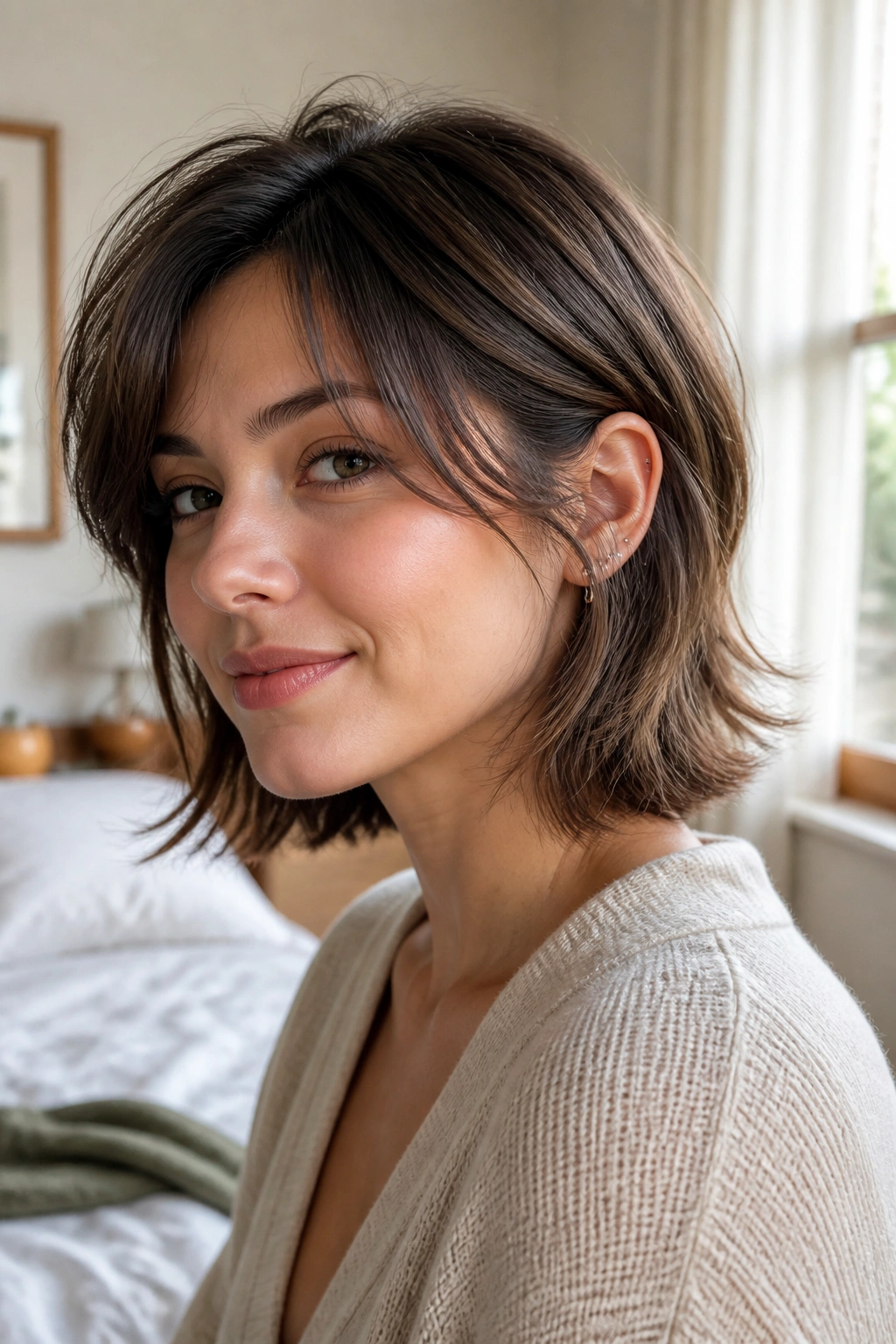 Close-up portrait of a real person with a neck-length layered cut, natural window light