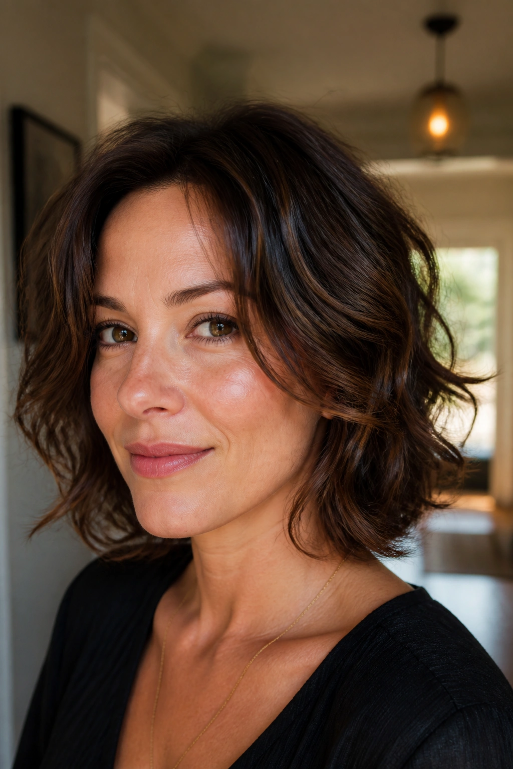 Close-up portrait of a real woman with a neck-length layered cut