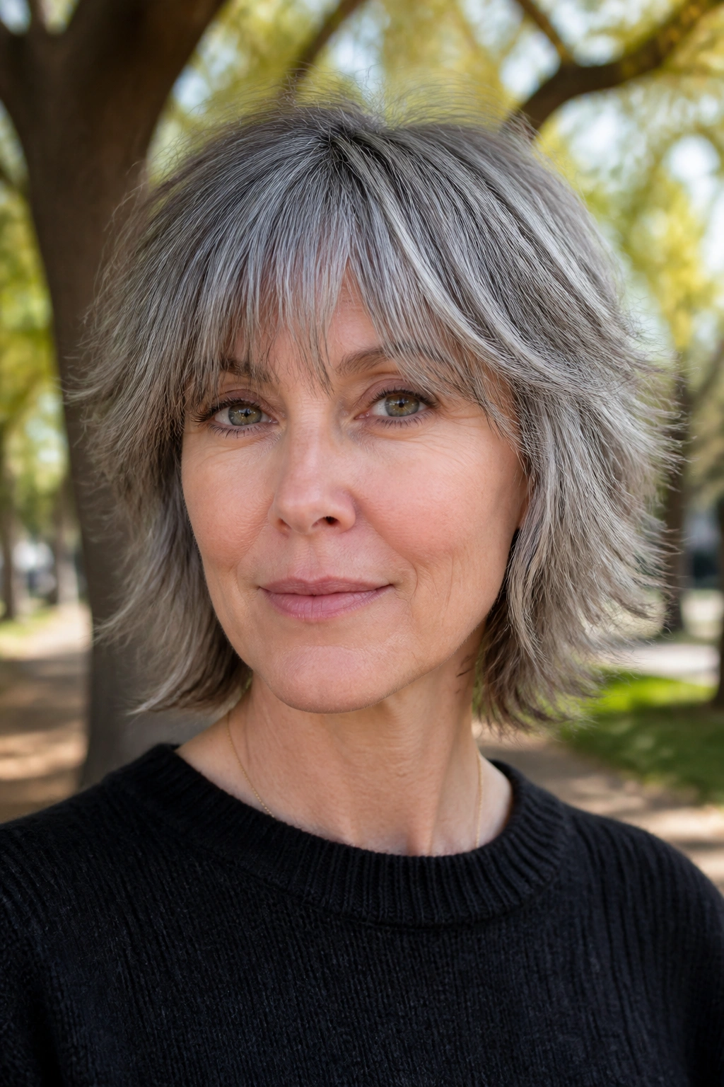 Close-up portrait of neck-length razor shag with grown-out fringe on gray hair
