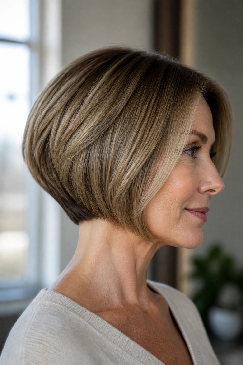 Close-up portrait of a real woman with Neck-Length Stacked Bob and tucked ends