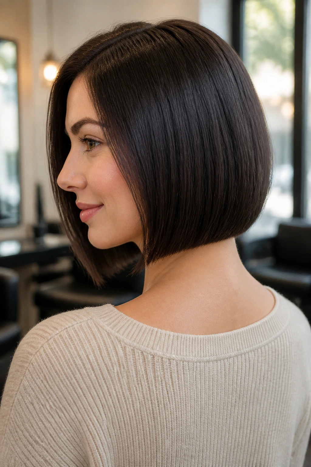 Close-up portrait of a real woman with a neck-skimming bob and clean hemline in a sunlit modern salon