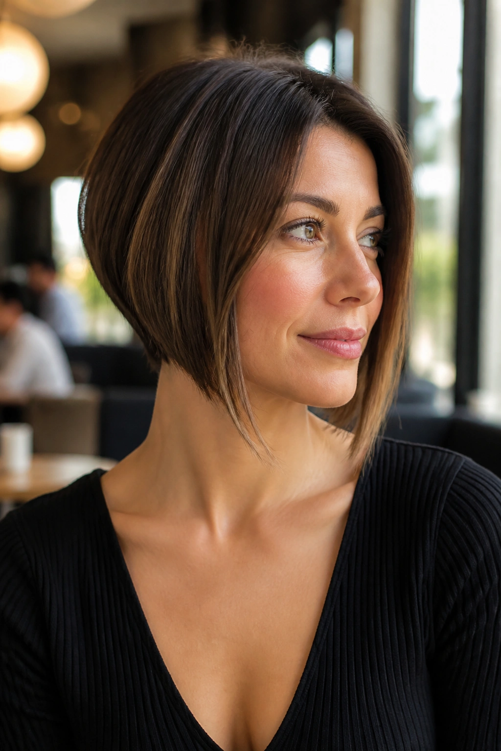 Close-up portrait of a real woman with neck-skimming inverted bob and long front pieces.