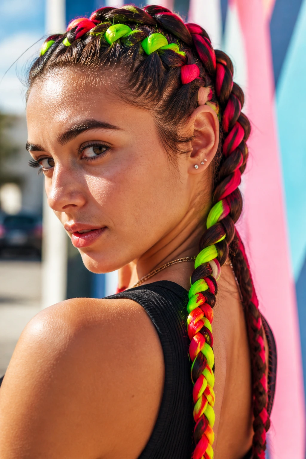 Medium close-up of a real person with neon-accent Dutch braids