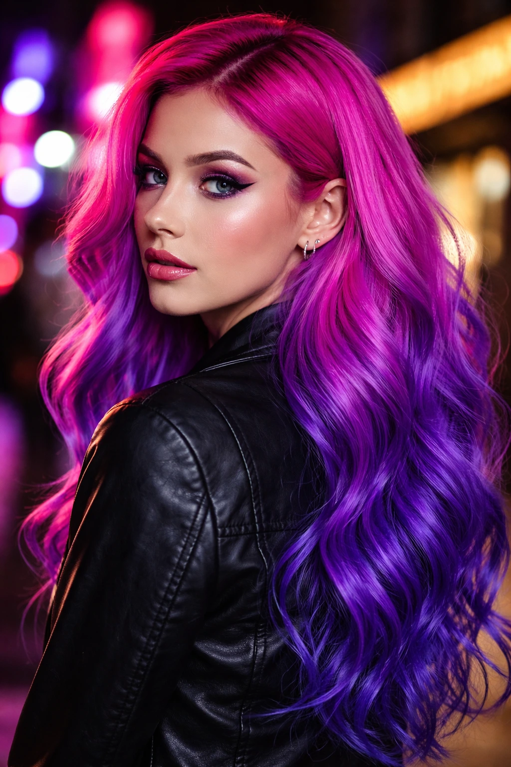 Close-up of neon berry to violet ombré hair on a real person