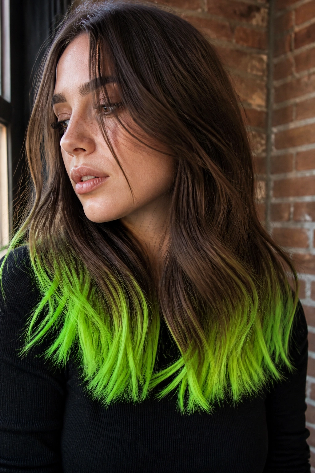 Neon green dip-dye ends on brown hair in an urban setting
