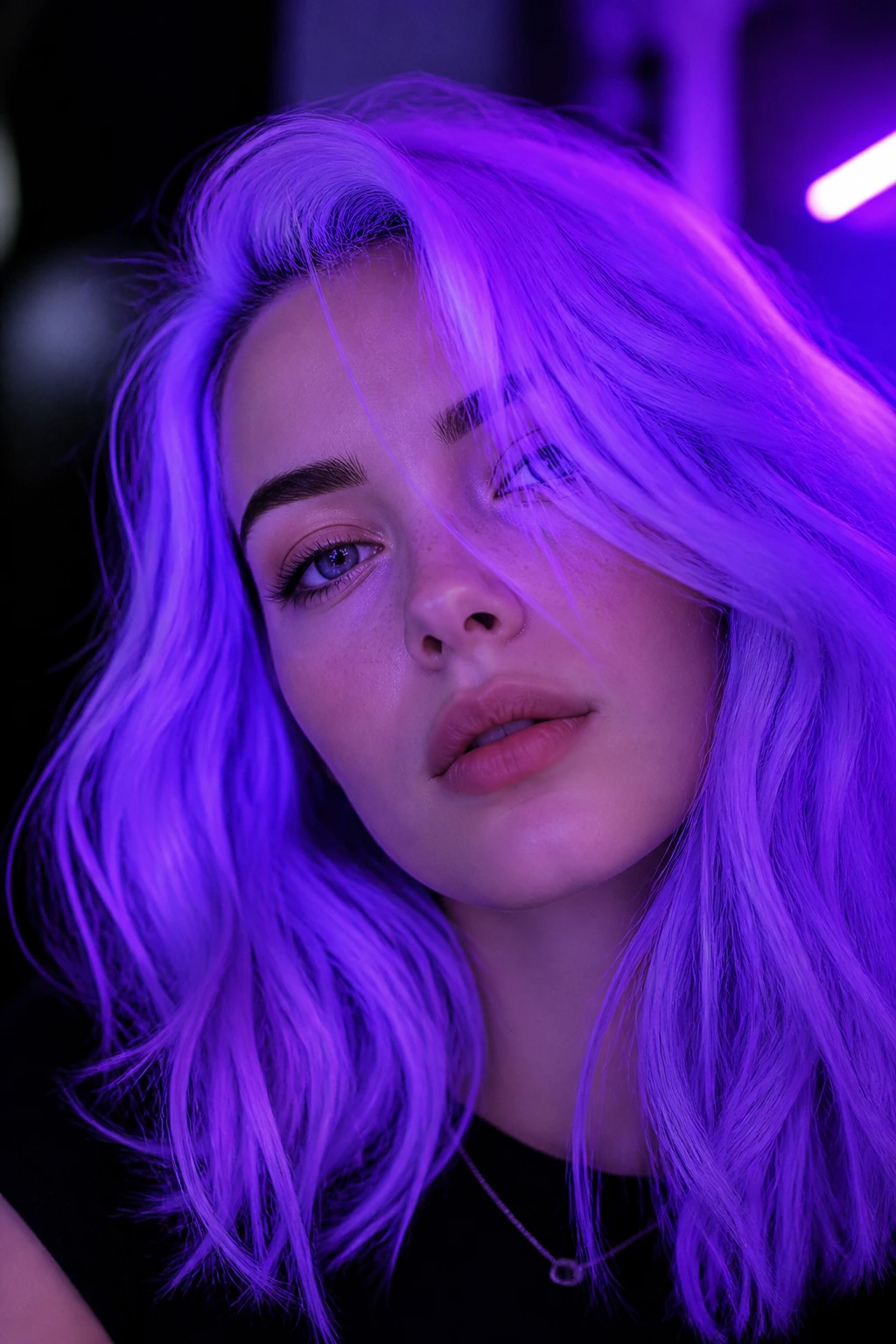 Close-up of a woman's head with neon lavender hair glowing under ultraviolet lighting