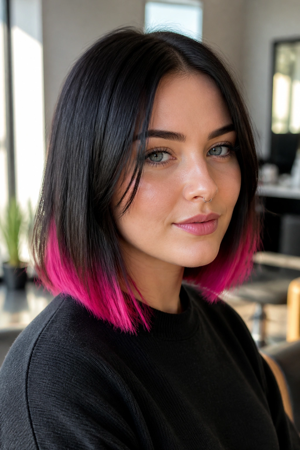 Close-up of real person with neon magenta tips on blunt-cut dark hair in natural salon light