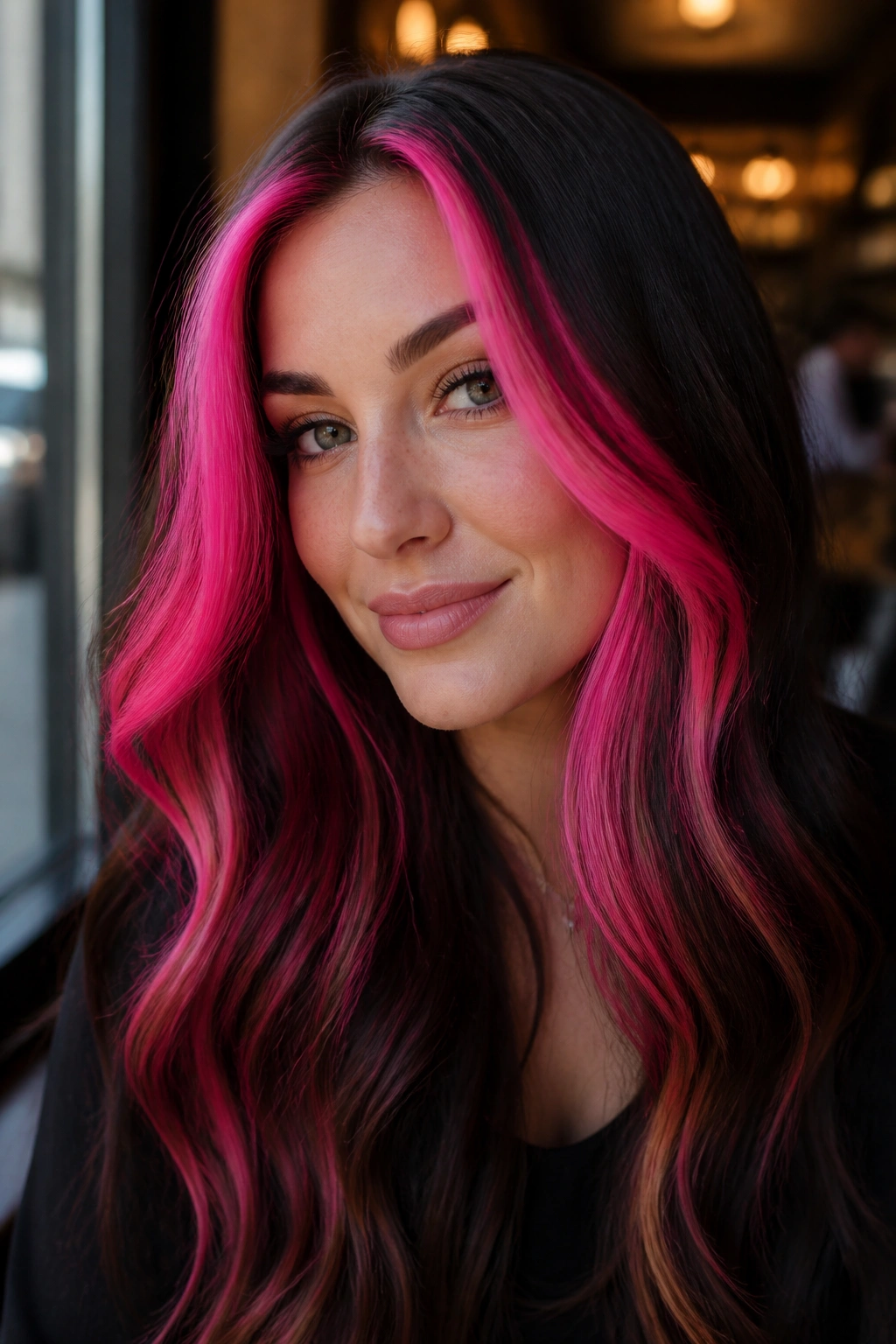 Close-up of a real woman with neon pink face-frame balayage on brown hair