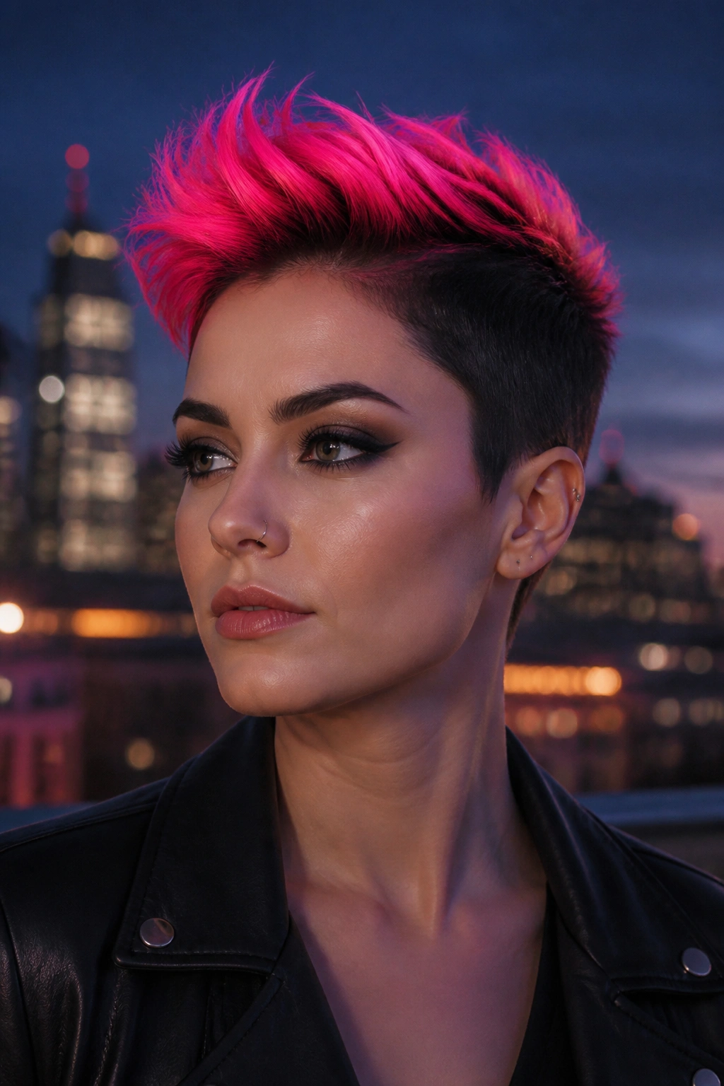 Close-up of a real person with a pixie cut and neon pink crown panels.