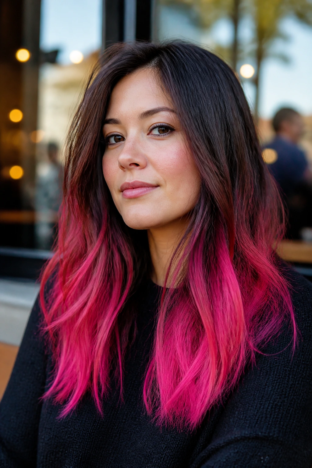 Close-up of a real person with neon pink dip-dye ends in hair