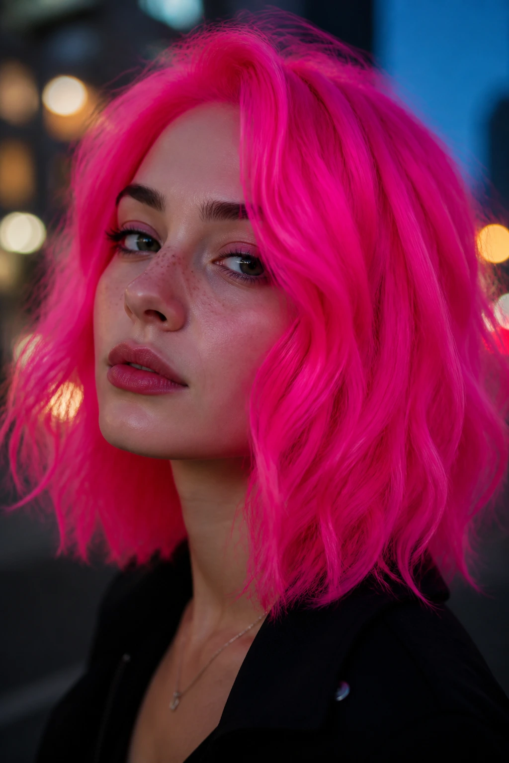 Neon pink hair close-up portrait with blue glow