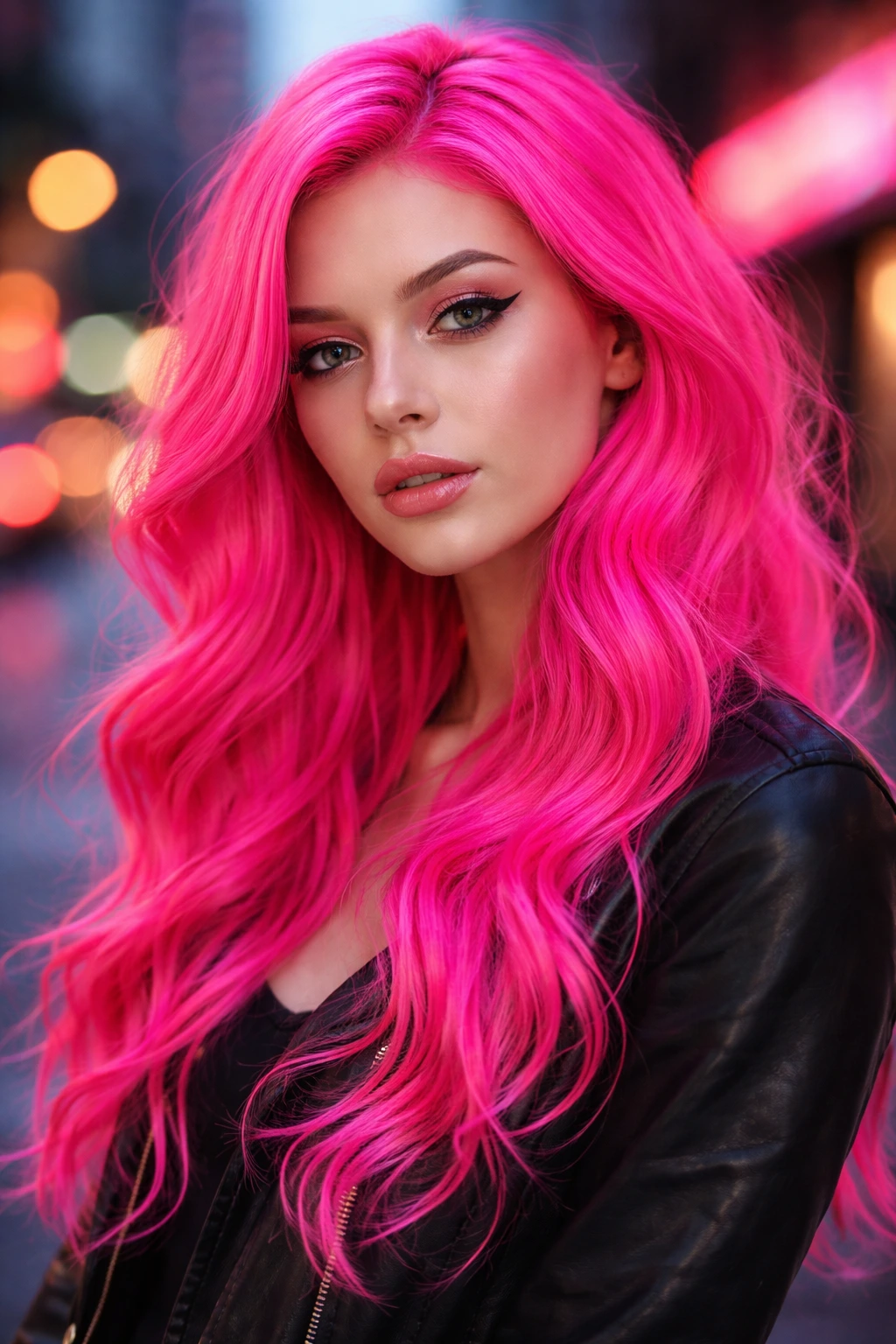 Close-up portrait of a person with neon candy pink hair on an urban street at dusk