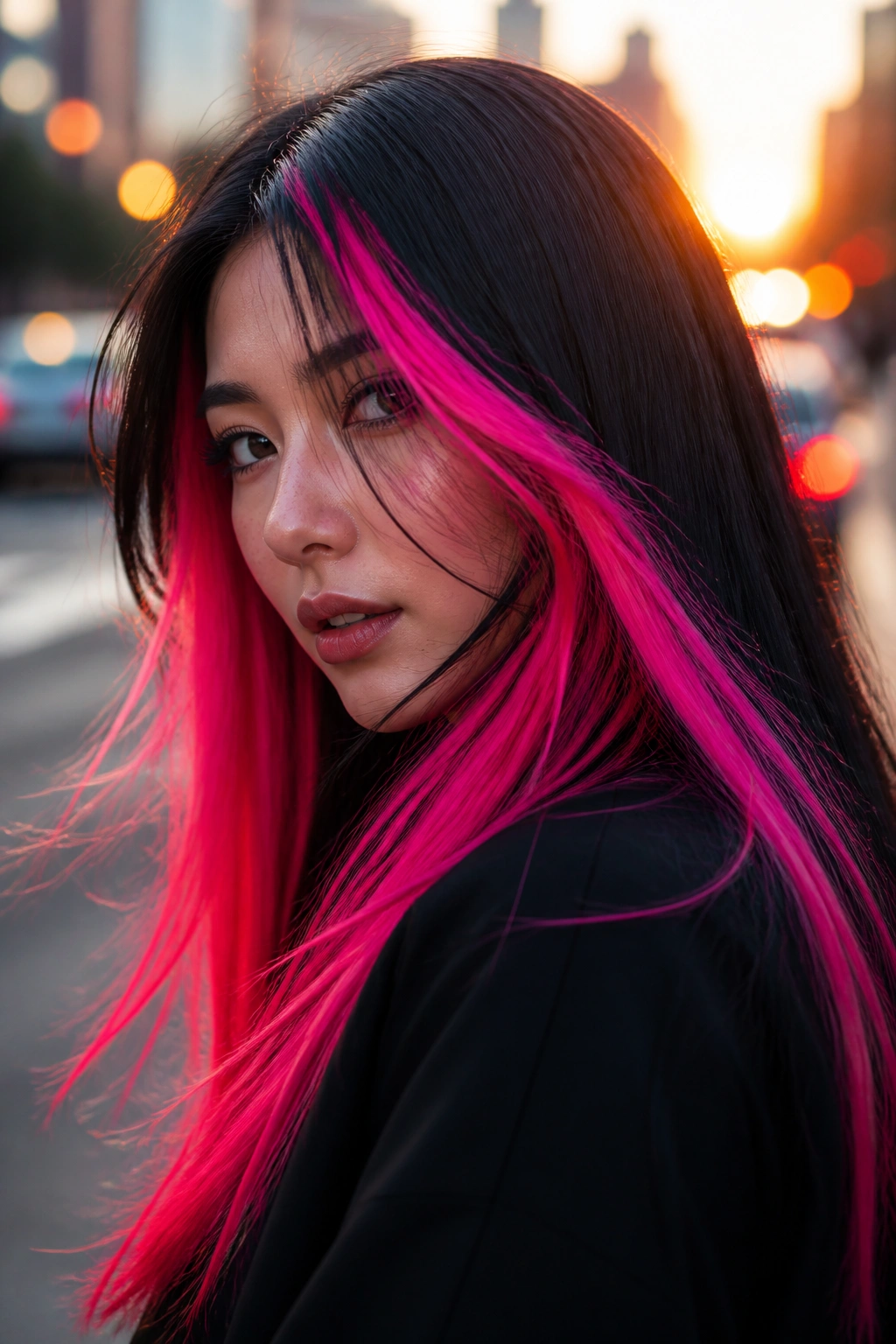 Portrait of a real person with neon pink panels in hair against an urban backdrop
