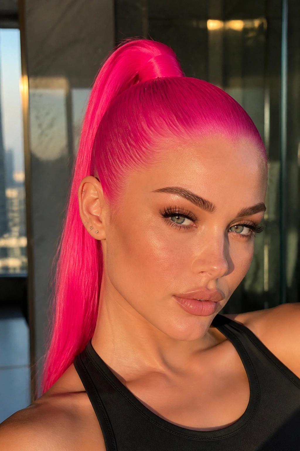 Close-up of a real person with neon pink slicked-back ponytail