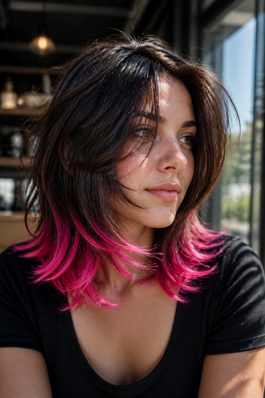 Close-up of layered hair with neon pink tips on a real woman in natural daylight