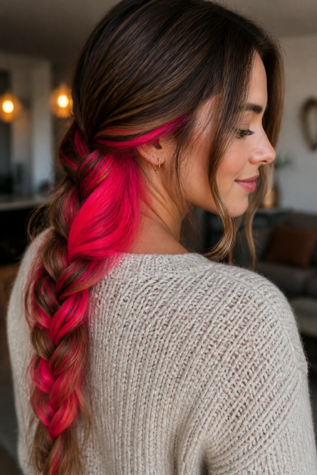 Portrait of a real person with neon pink underlayer in long hair revealed through a braid.