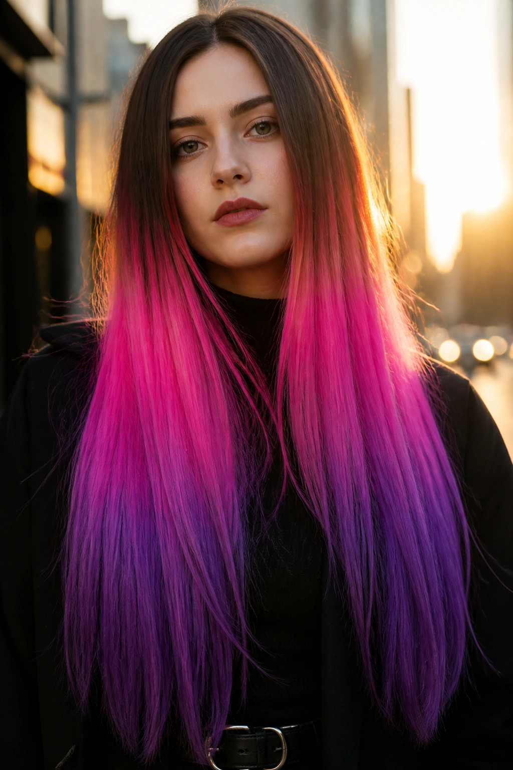 Close-up of a real woman with neon pink dip-dye ending in electric violet on long hair