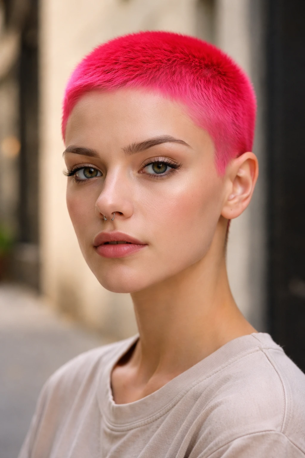 Head-and-shoulders shot of a person with neon strawberry buzz cut