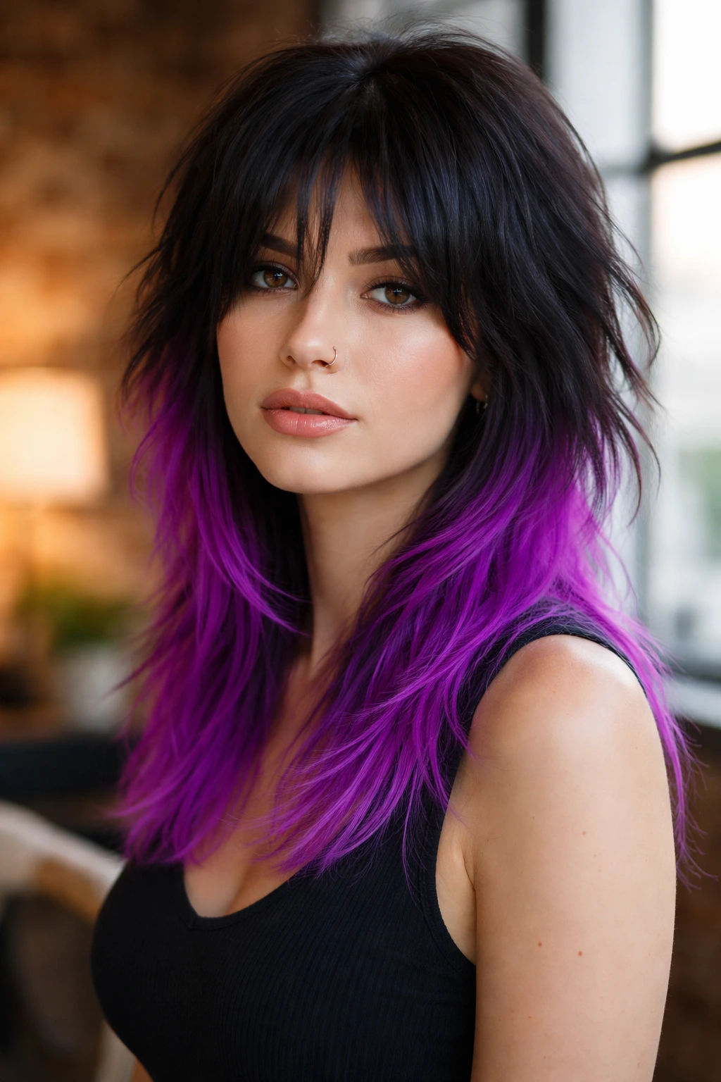 Real person with neon violet dip-dye on wolf cut in an urban loft.