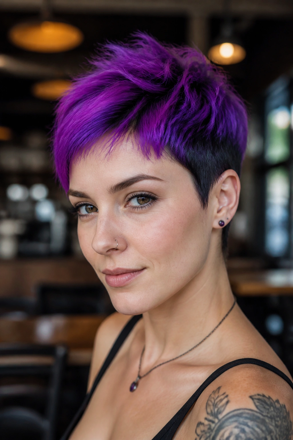 Real person with neon violet pixie and black roots in a cafe-like setting