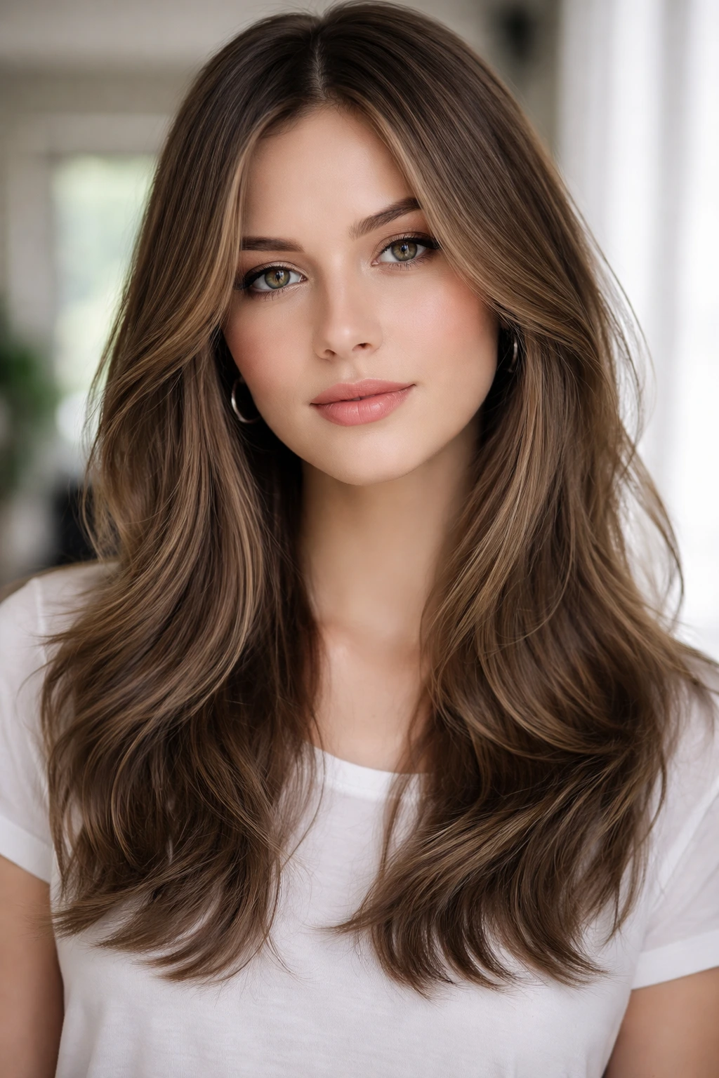 Close-up portrait showing neutral-ash mocha with face-framing layers on a real person