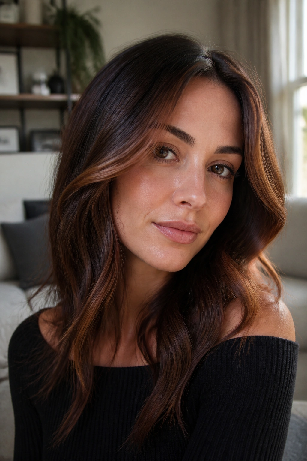 Close-up of a real woman wearing a neutral auburn face frame framing her features