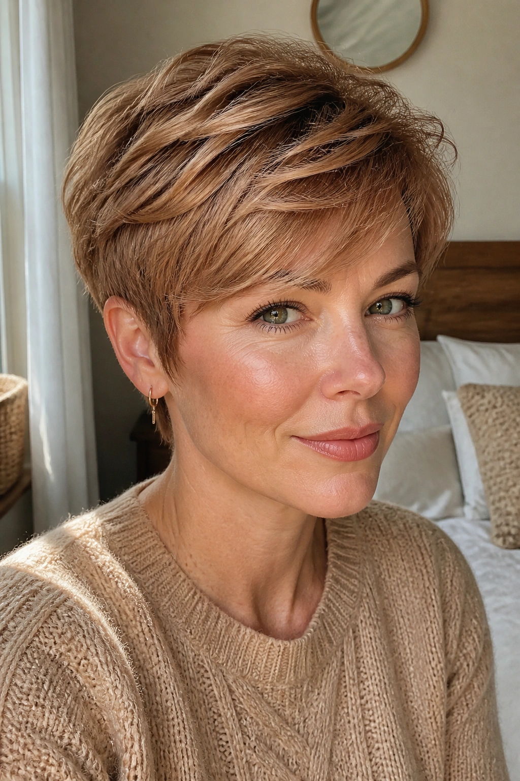 Close-up of a real woman with a textured neutral auburn pixie hairstyle.