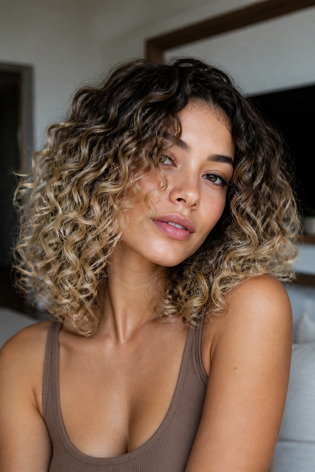 Close-up of a real woman with beige ends and root shadow on curly hair