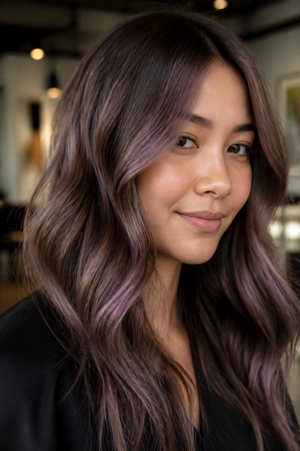 Close-up of a real woman with neutral brown hair and lavender-pink tint