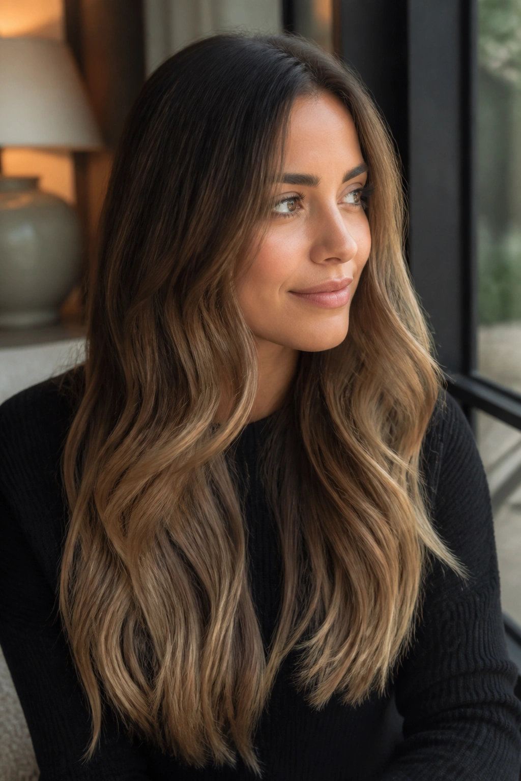 Brunette with neutral caramel ombré showing gradual transition