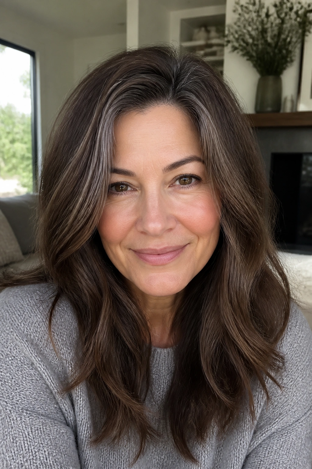 Close-up of neutral chestnut melt blending with gray hair on a real person