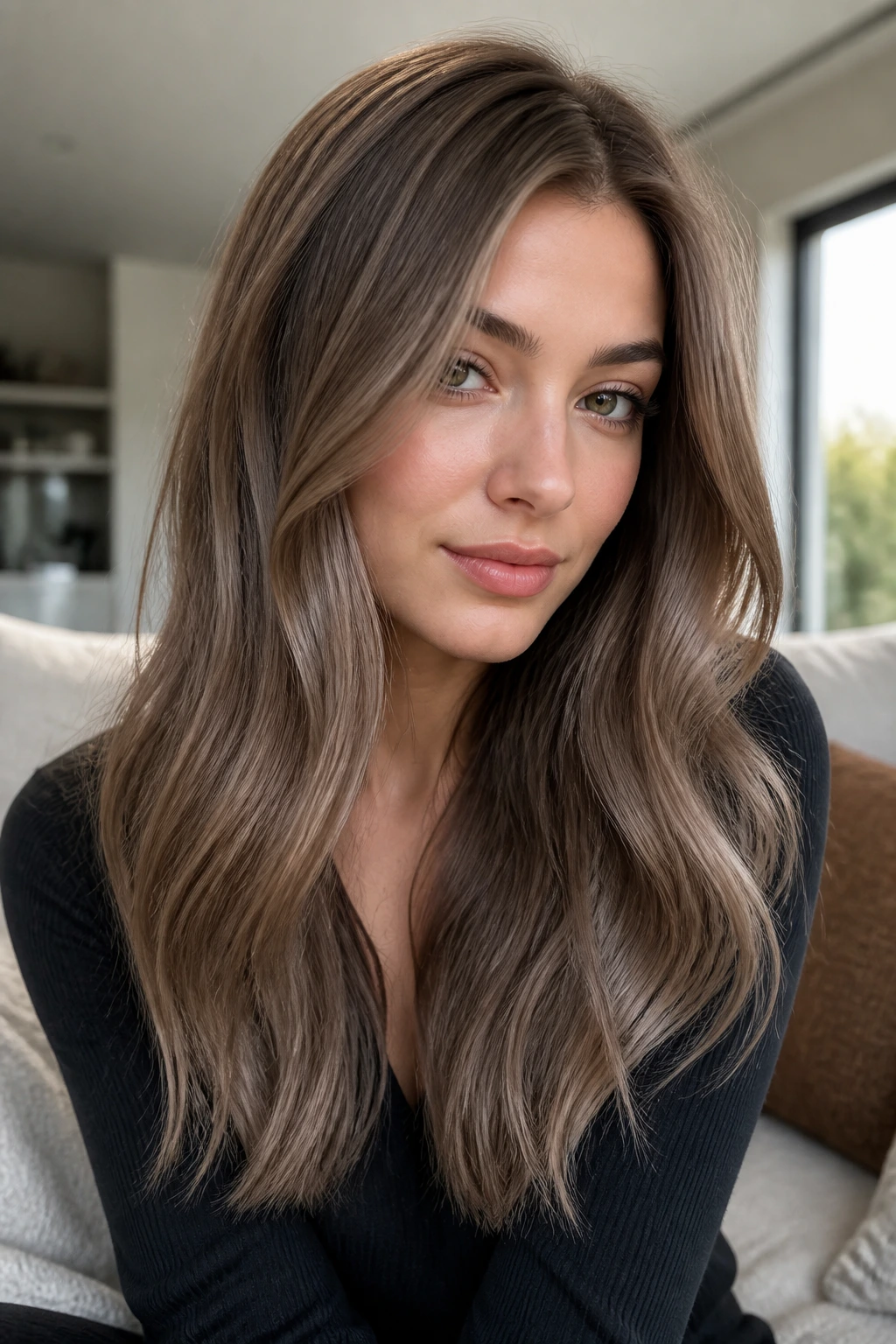 Close-up portrait of a real person with neutral cool brown melt hair blending ash-beige tones