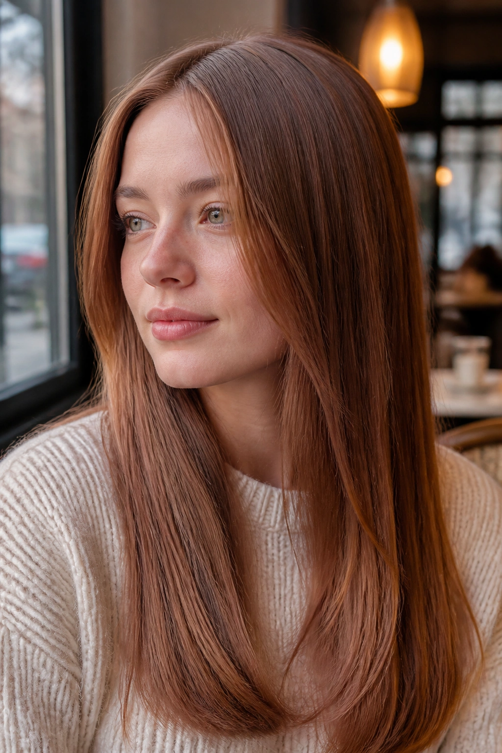 Portrait of a real woman with neutral copper hair and beige gloss.