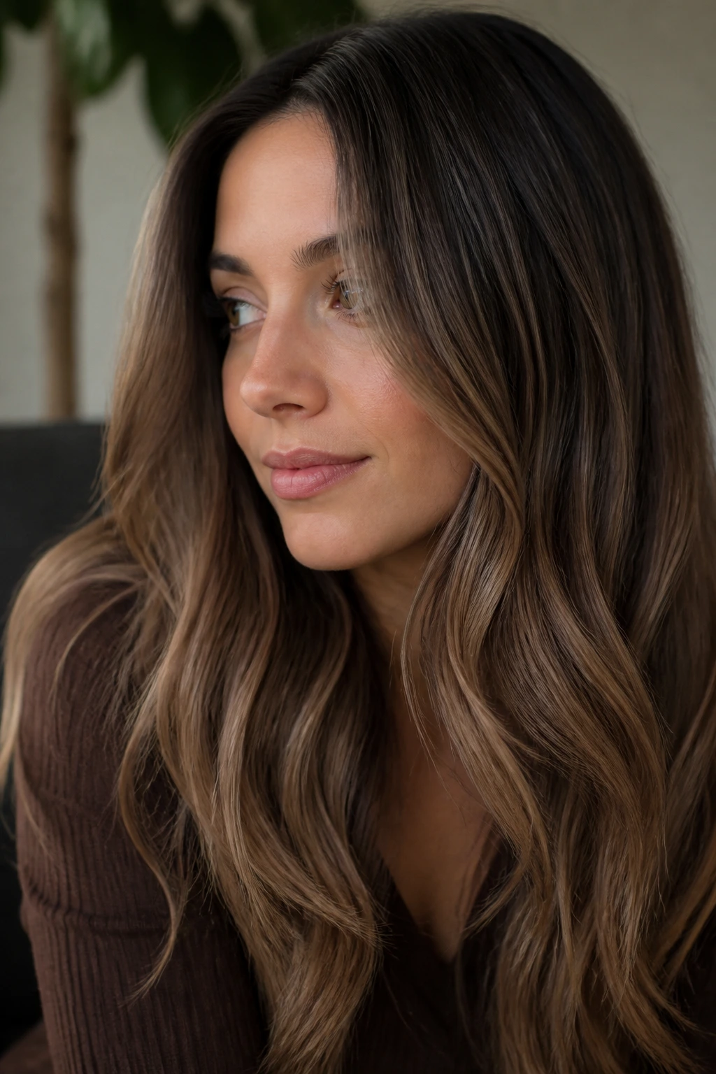 Close-up of neutral mocha hair with beige caramel tint