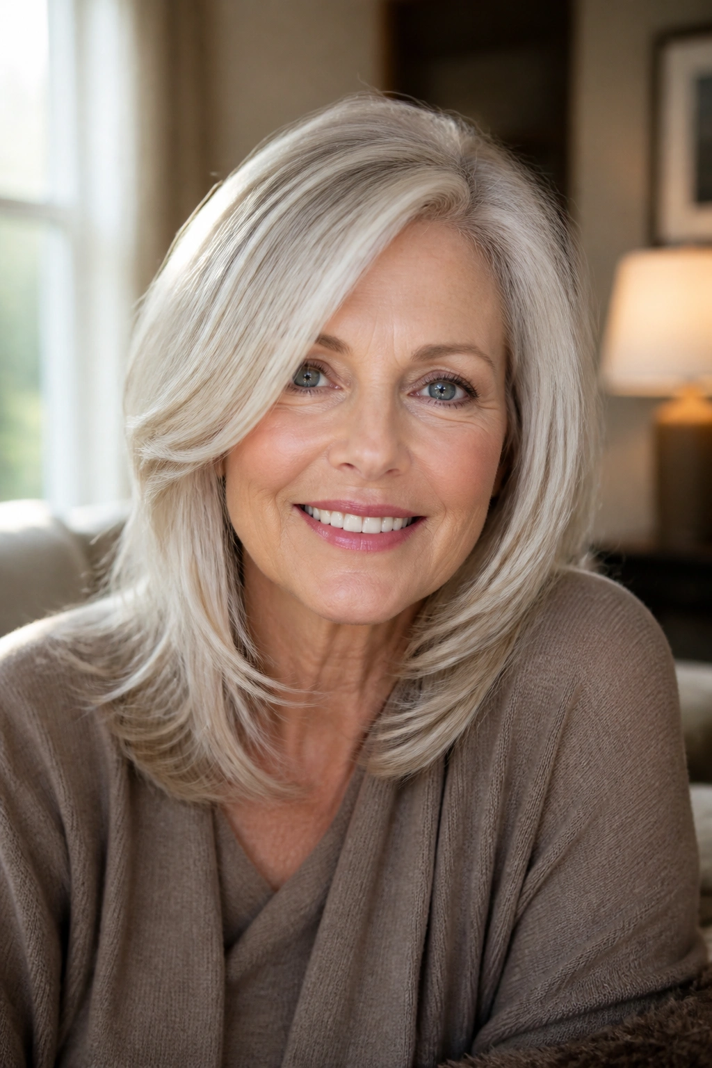 Close-up of real woman with neutral platinum layered hair