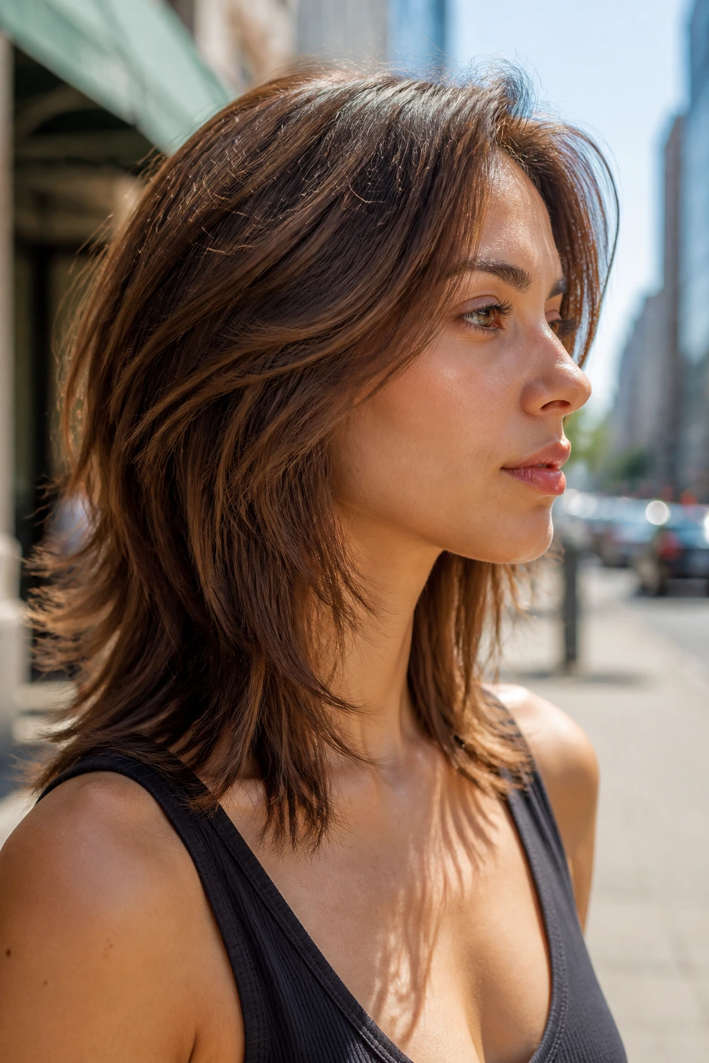 Close-up portrait of a real woman with no-bangs layered shag outdoors in daylight