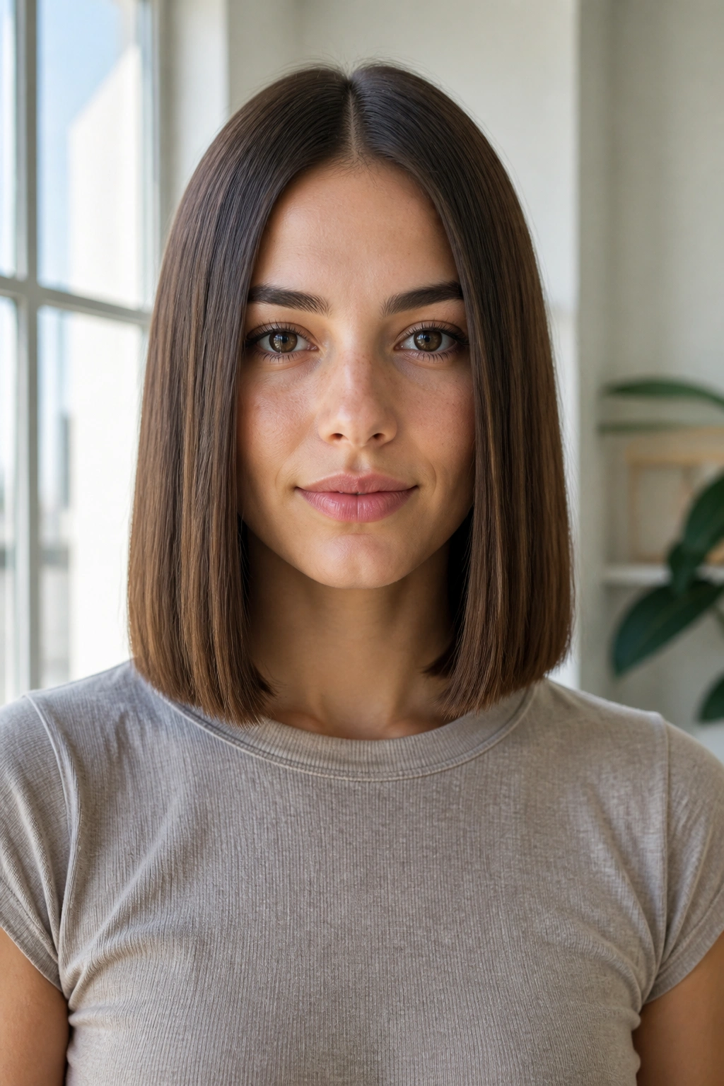 Real person with blunt no-layer lob and crisp edge in bright home studio lighting.