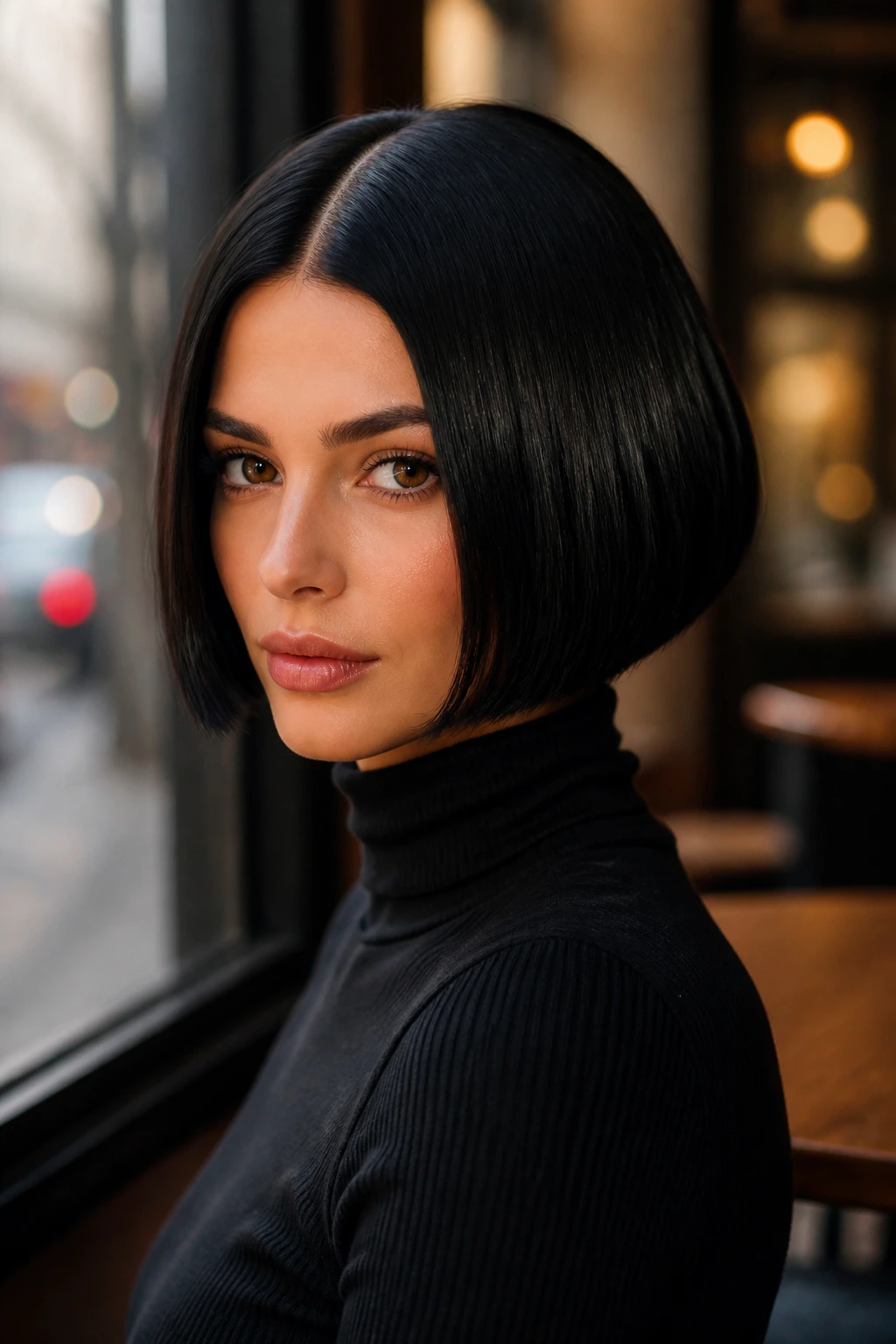 Close-up of a real woman with a glossy Sleek Noir French Bob showing sharp ends and high shine
