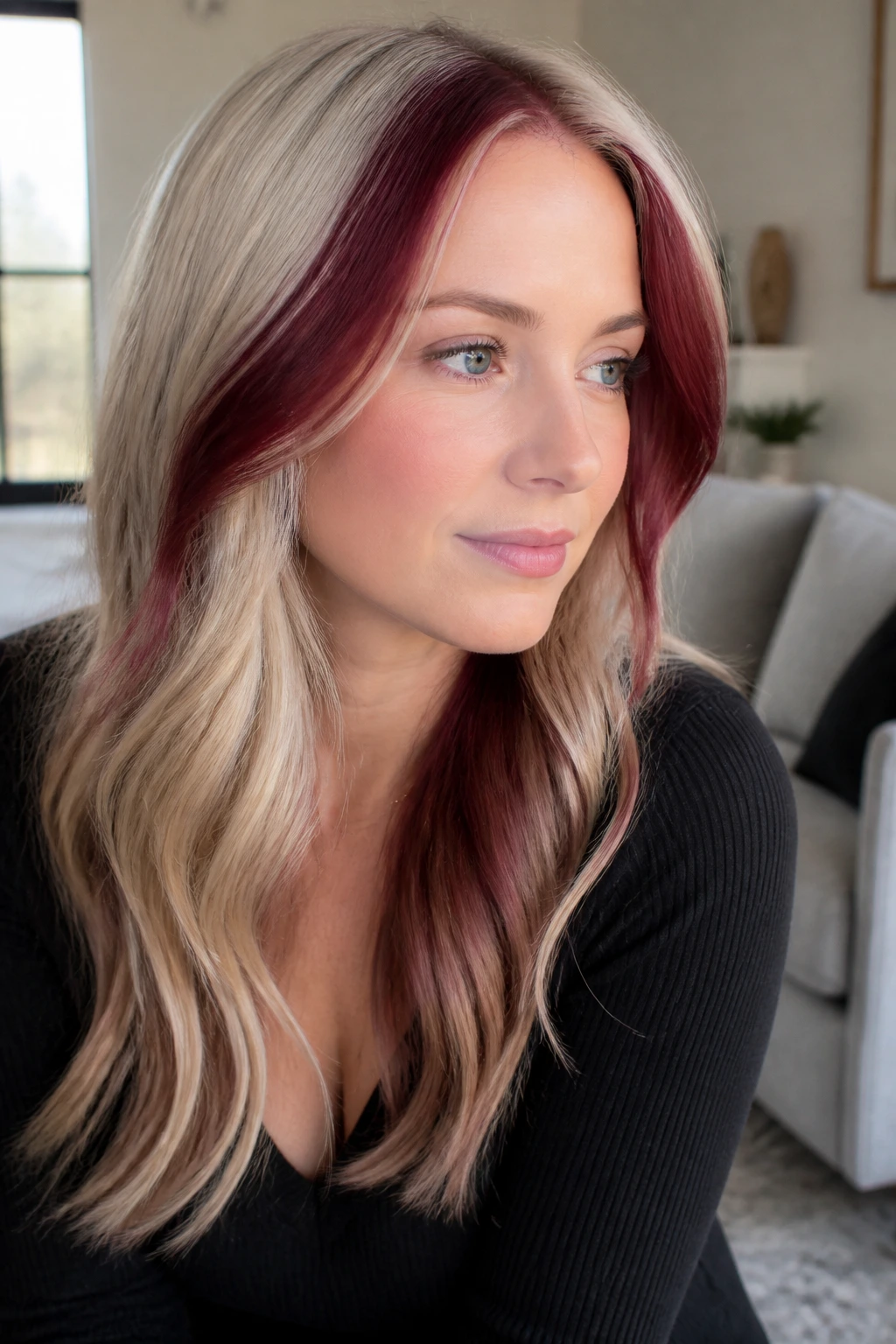 Real woman with Nordic blonde and burgundy halo panels around crown